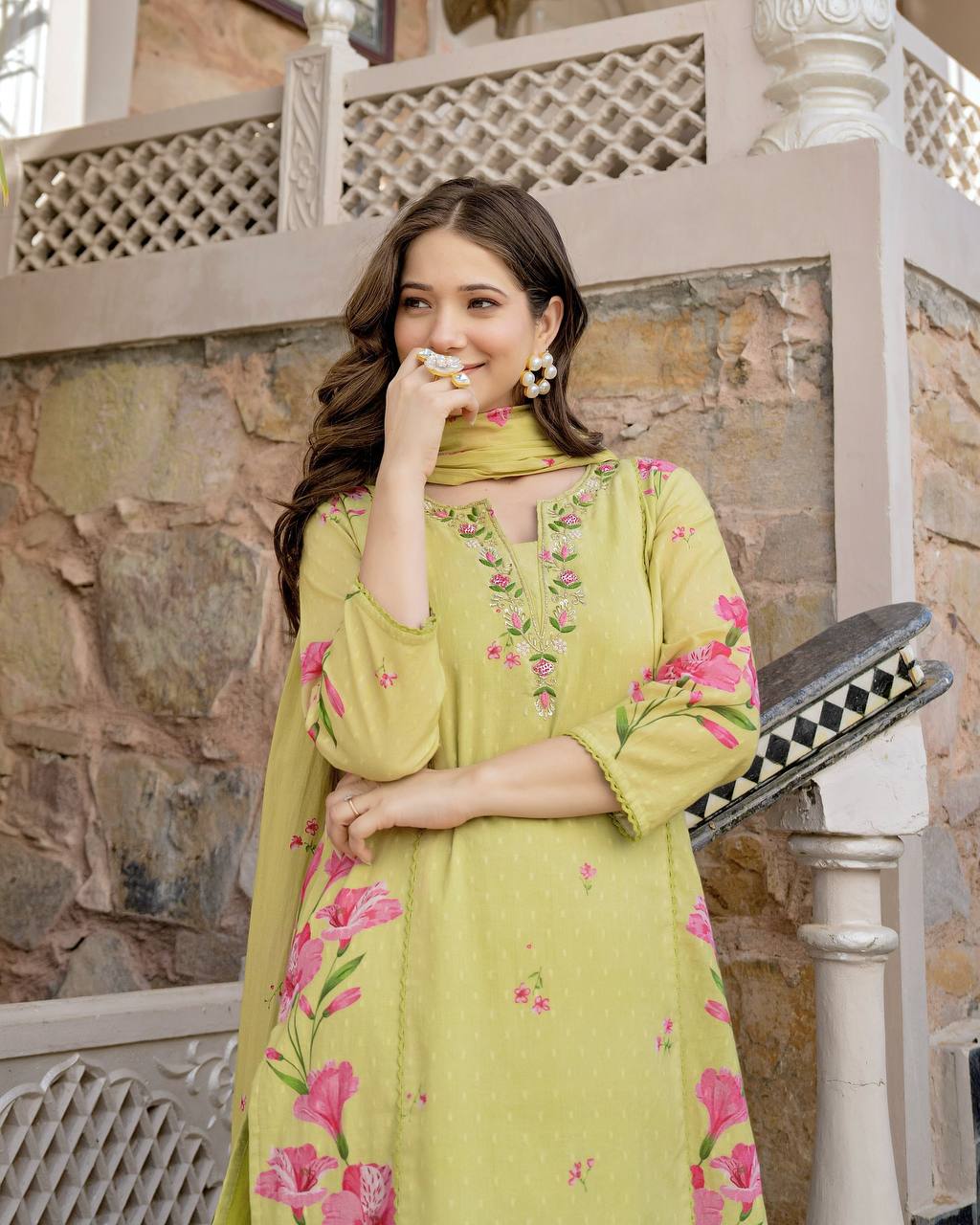 Lemon Chanderi Butti And Printed Kurti Set with Matching Dupatta Perfect for Daily Wear