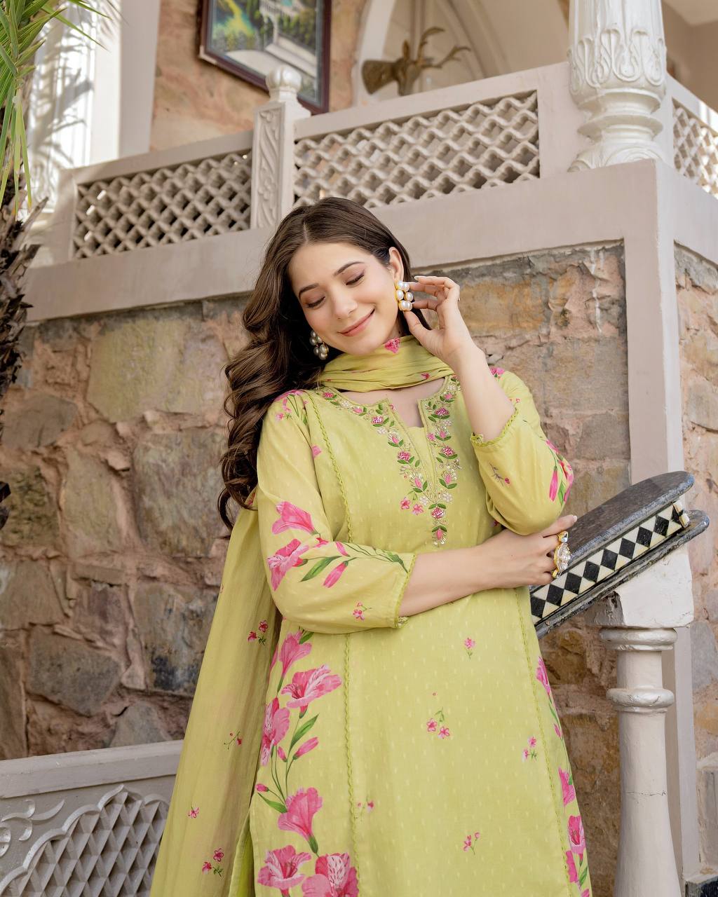 Lemon Chanderi Butti And Printed Kurti Set with Matching Dupatta Perfect for Daily Wear