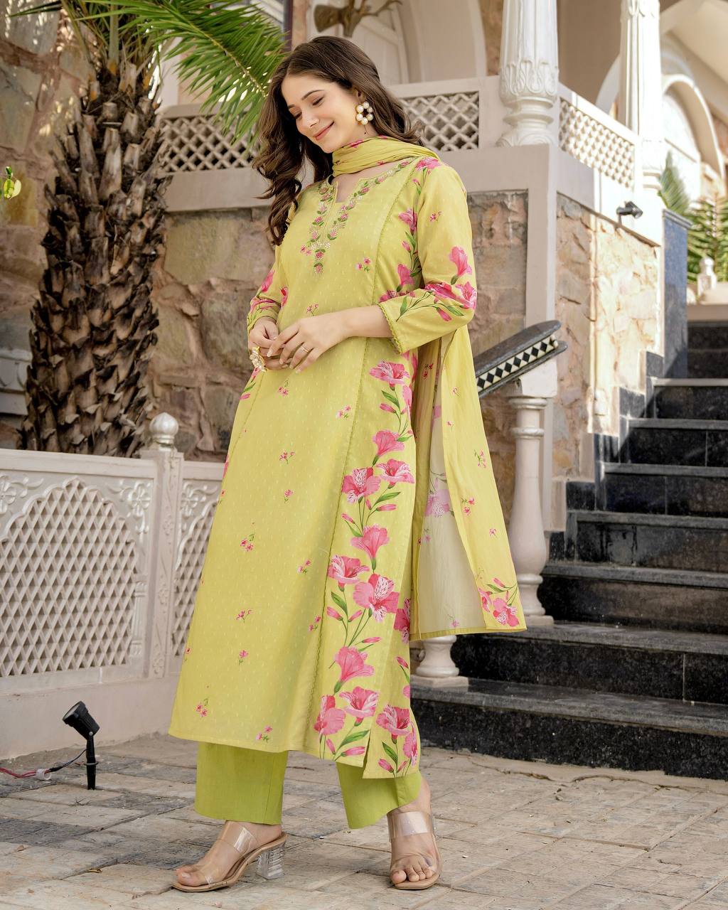 Lemon Chanderi Butti And Printed Kurti Set with Matching Dupatta Perfect for Daily Wear