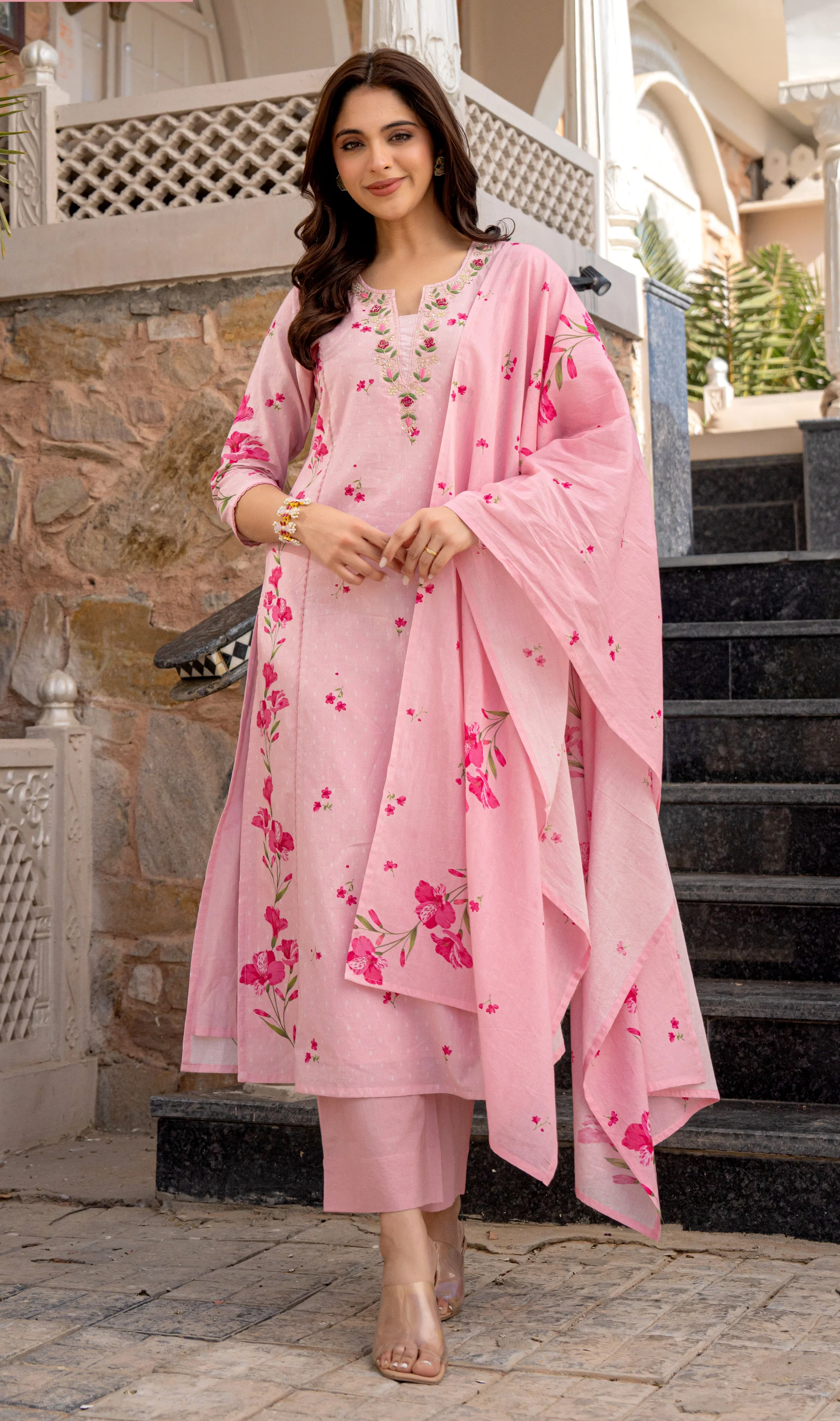 Baby Pink Chanderi Butti And Printed Kurti Set with Matching Dupatta Perfect for Daily Wear