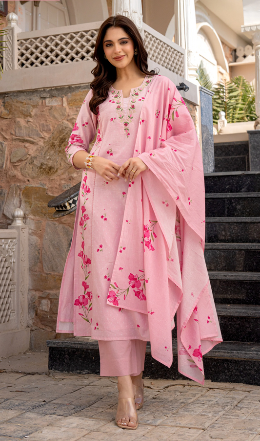 Baby Pink Chanderi Butti And Printed Kurti Set with Matching Dupatta