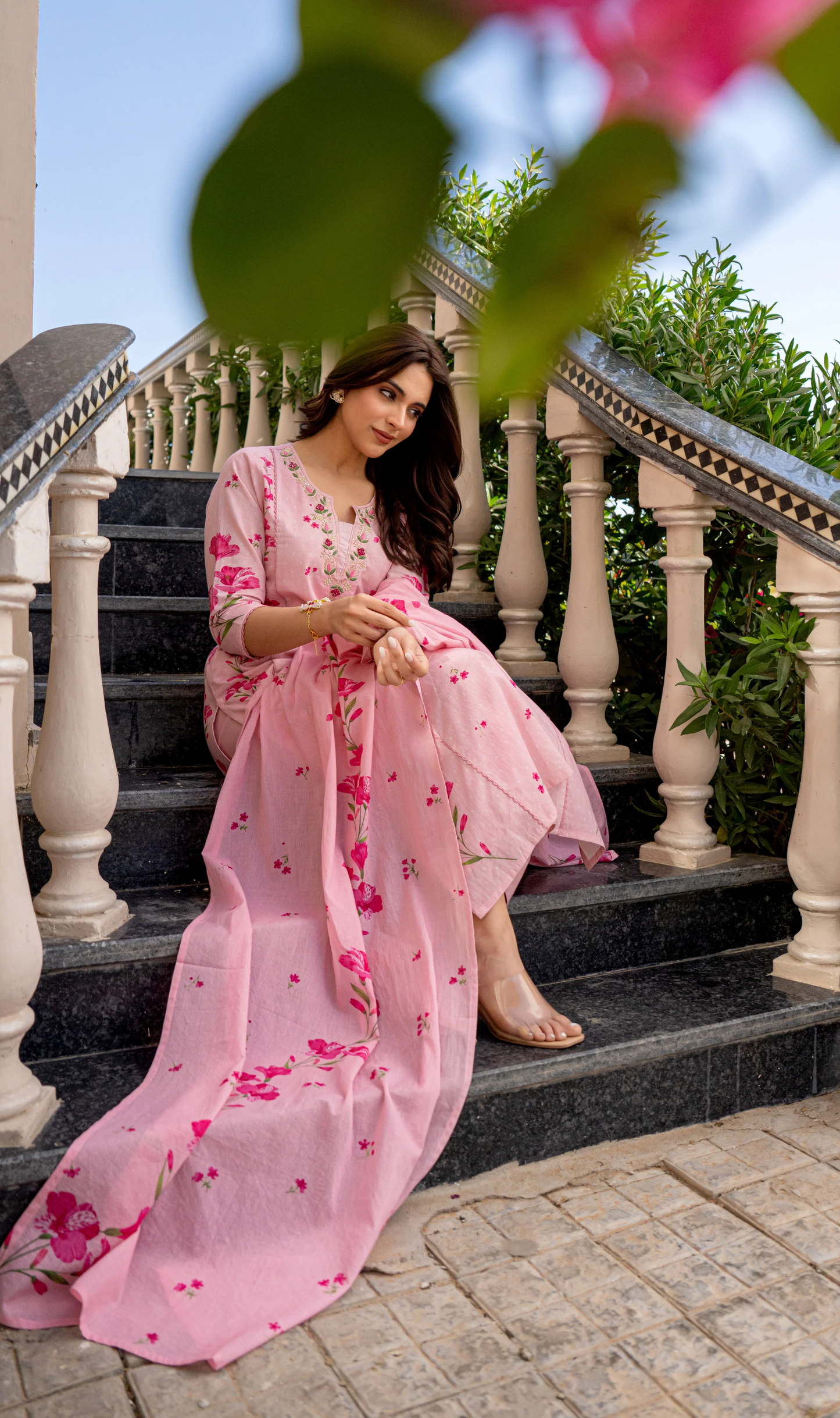 Baby Pink Chanderi Butti And Printed Kurti Set with Matching Dupatta