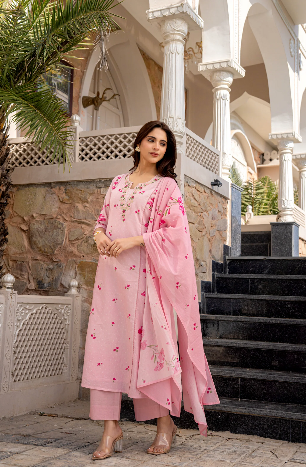 Baby Pink Chanderi Butti And Printed Kurti Set with Matching Dupatta Perfect for Daily Wear