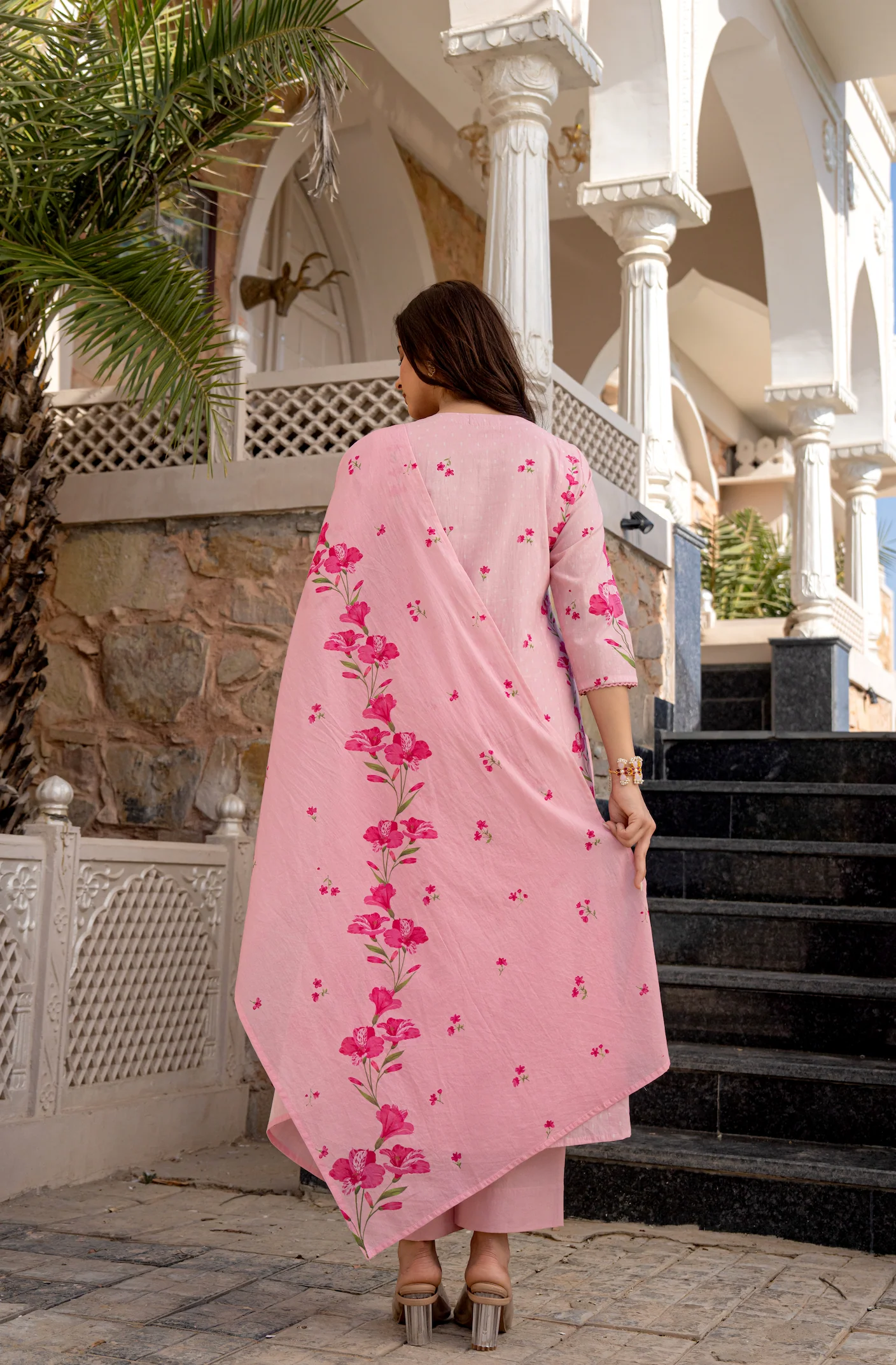 Baby Pink Chanderi Butti And Printed Kurti Set with Matching Dupatta