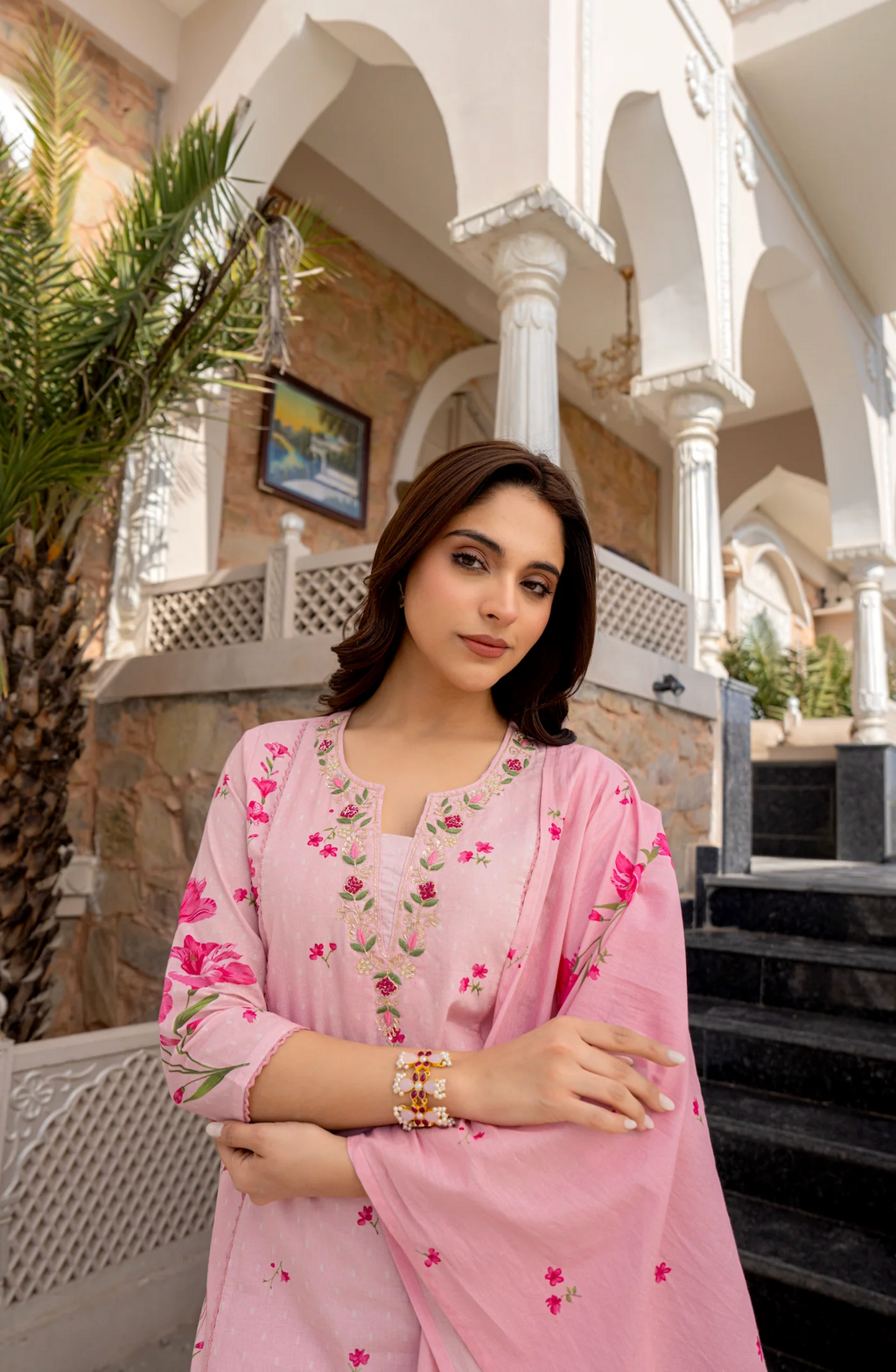 Baby Pink Chanderi Butti And Printed Kurti Set with Matching Dupatta Perfect for Daily Wear