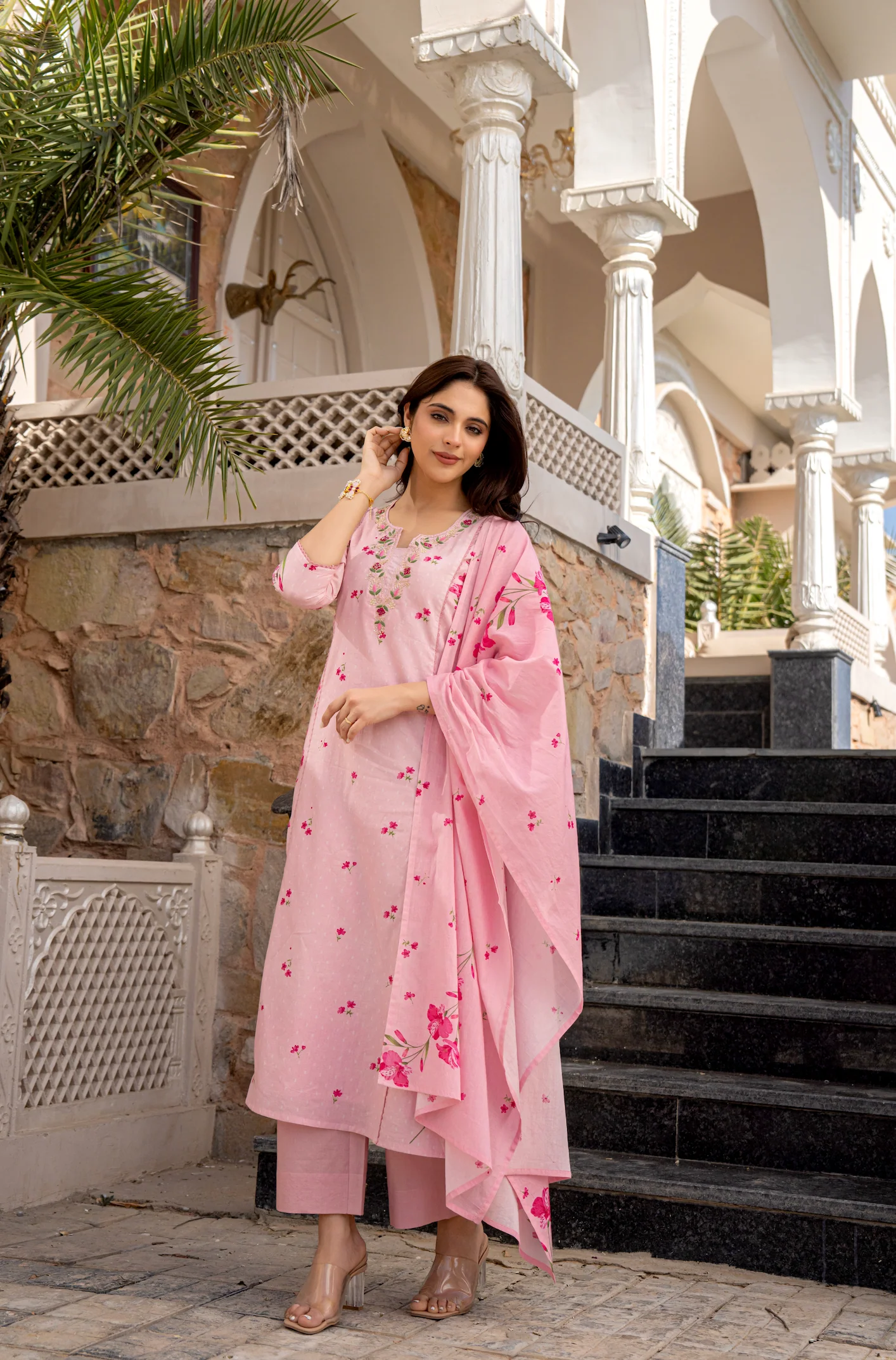 Baby Pink Chanderi Butti And Printed Kurti Set with Matching Dupatta Perfect for Daily Wear