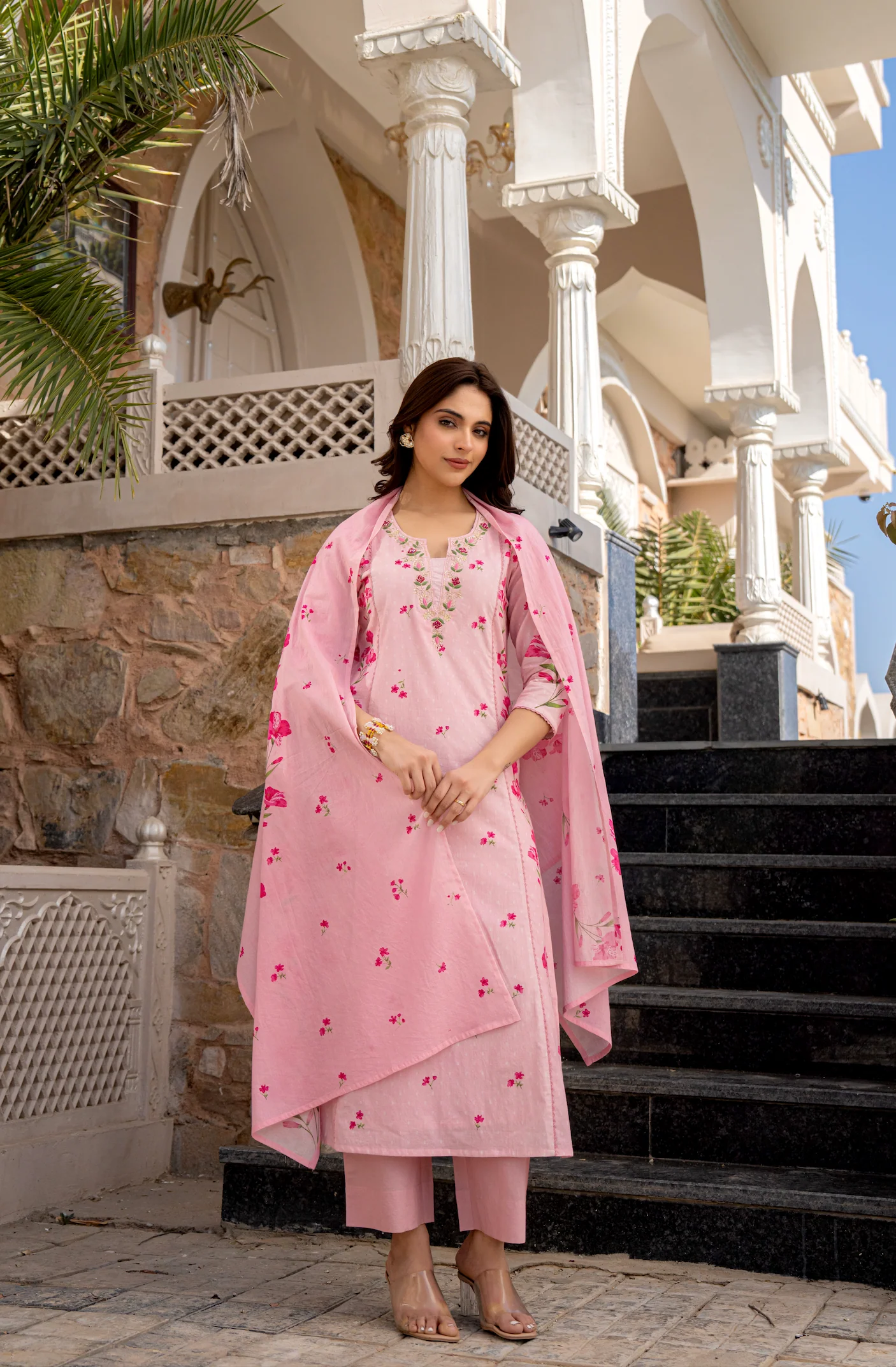 Baby Pink Chanderi Butti And Printed Kurti Set with Matching Dupatta Perfect for Daily Wear