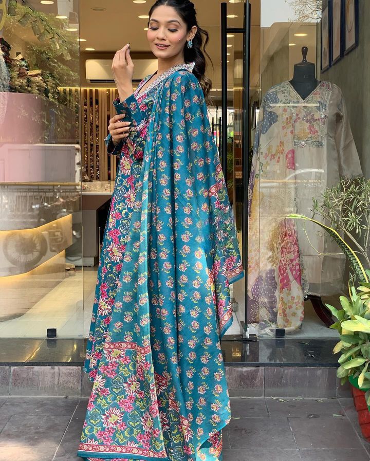 Nevy Blue Ethnic Set Women Printed A-Line Kurta and Pant set with Dupatta