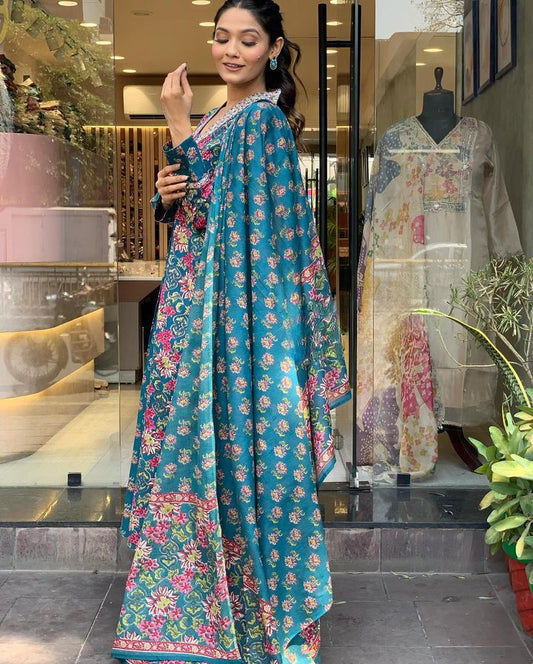 Nevy Blue Ethnic Set Women Printed A-Line Kurta and Pant set with Dupatta