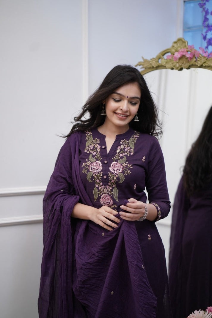 Pure Cotton Purple Embroidery Work Suit Set