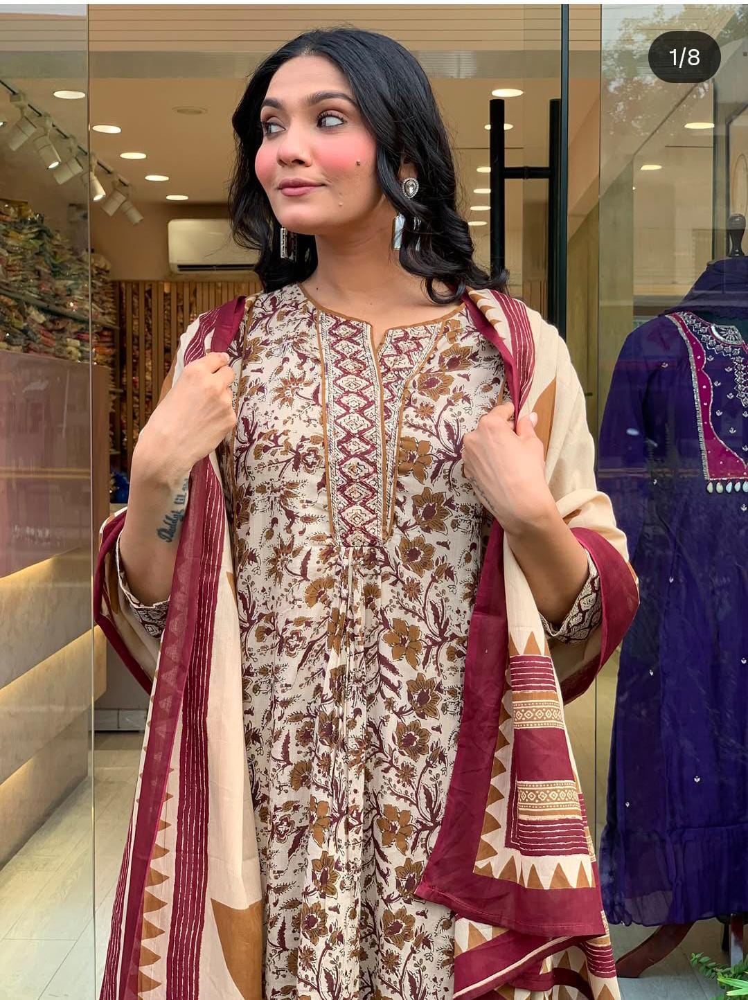 Cream Colour Fabulous Printed Magic Cotton Flared Kurti Pant Set with Cotton Dupatta for Ethnic Wear