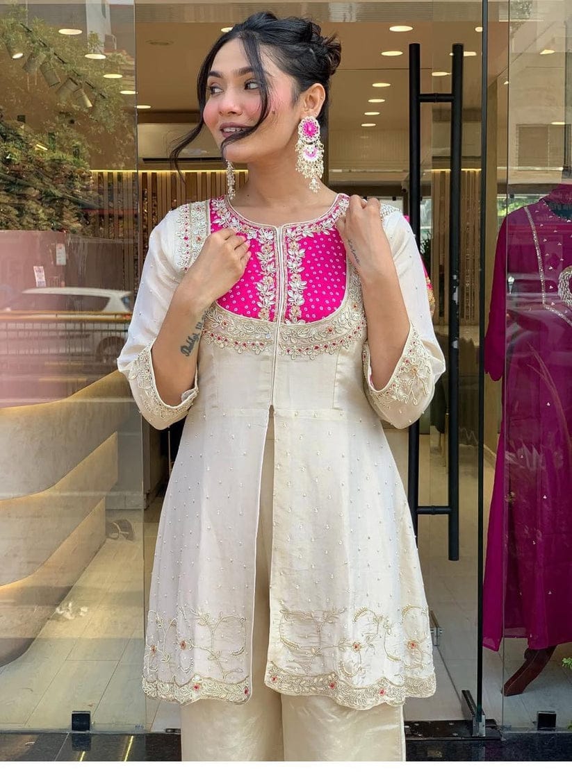 Cream Party Wear Pearl Embroidery Work Readymade Plazzo Suit