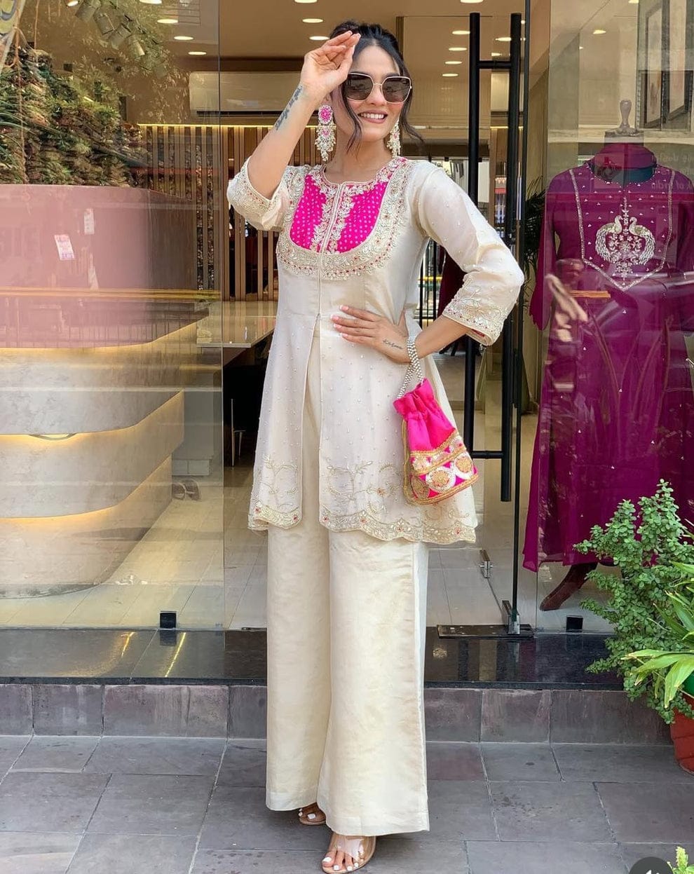 Cream Party Wear Pearl Embroidery Work Readymade Plazzo Suit