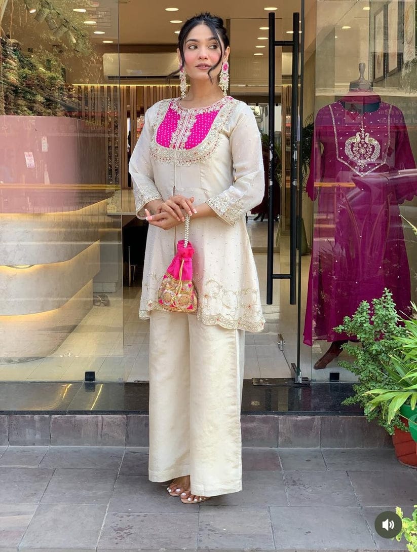 Cream Party Wear Pearl Embroidery Work Readymade Plazzo Suit