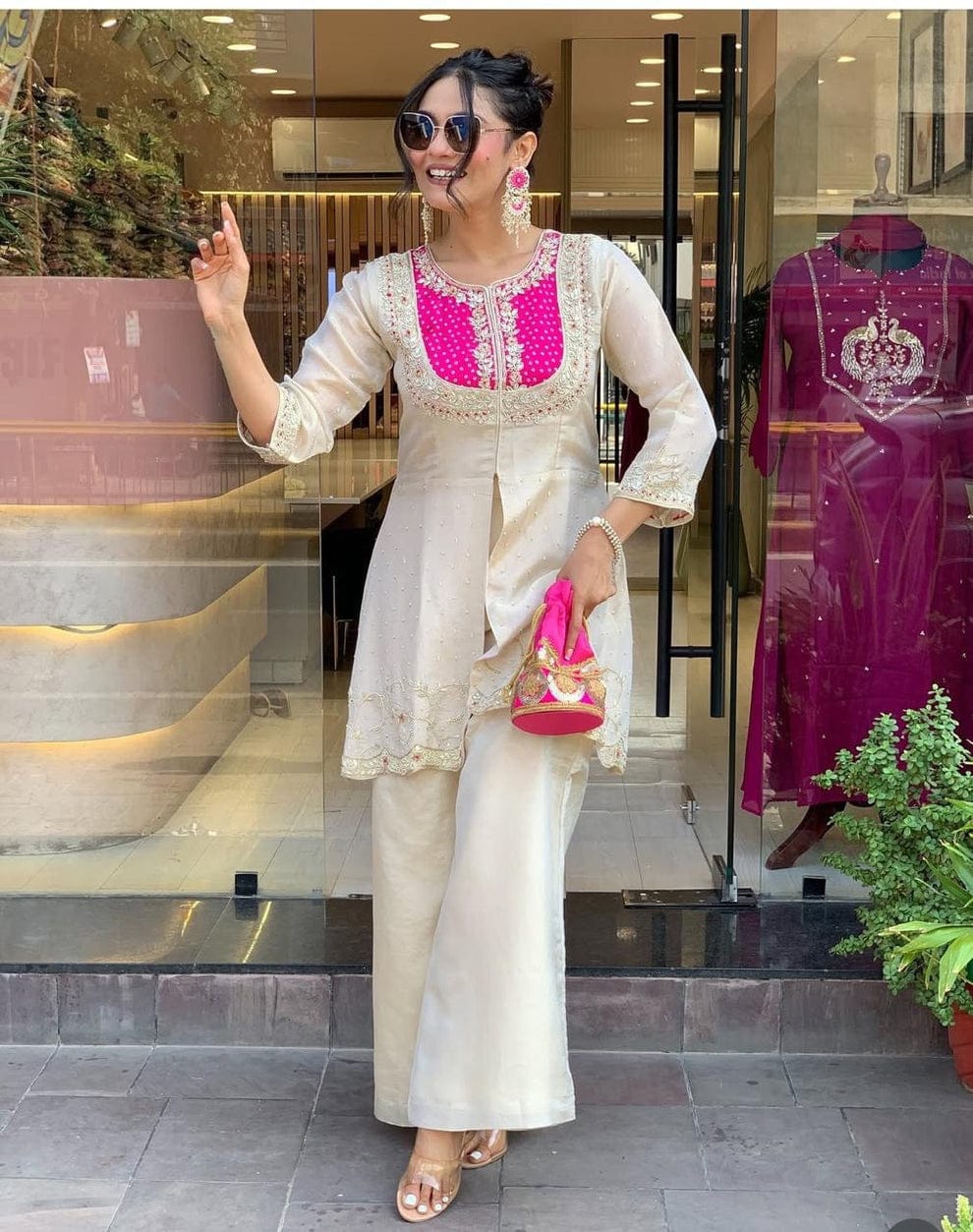 Cream Party Wear Pearl Embroidery Work Readymade Plazzo Suit