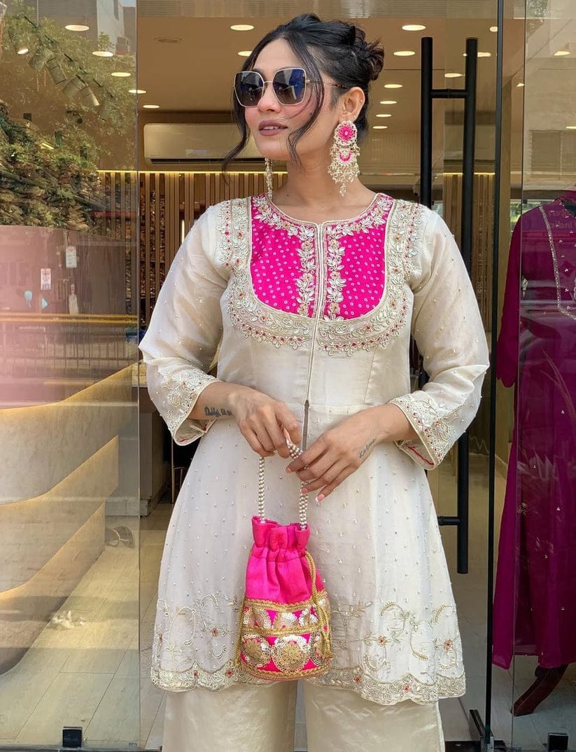 Cream Party Wear Pearl Embroidery Work Readymade Plazzo Suit