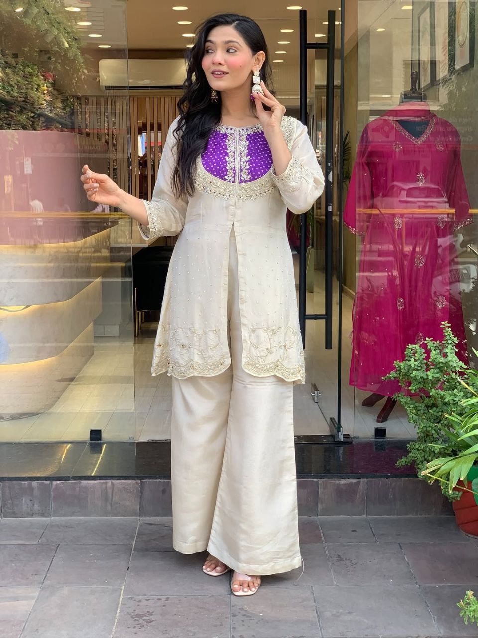 Cream Party Wear Pearl Embroidery Work Readymade Plazzo Suit