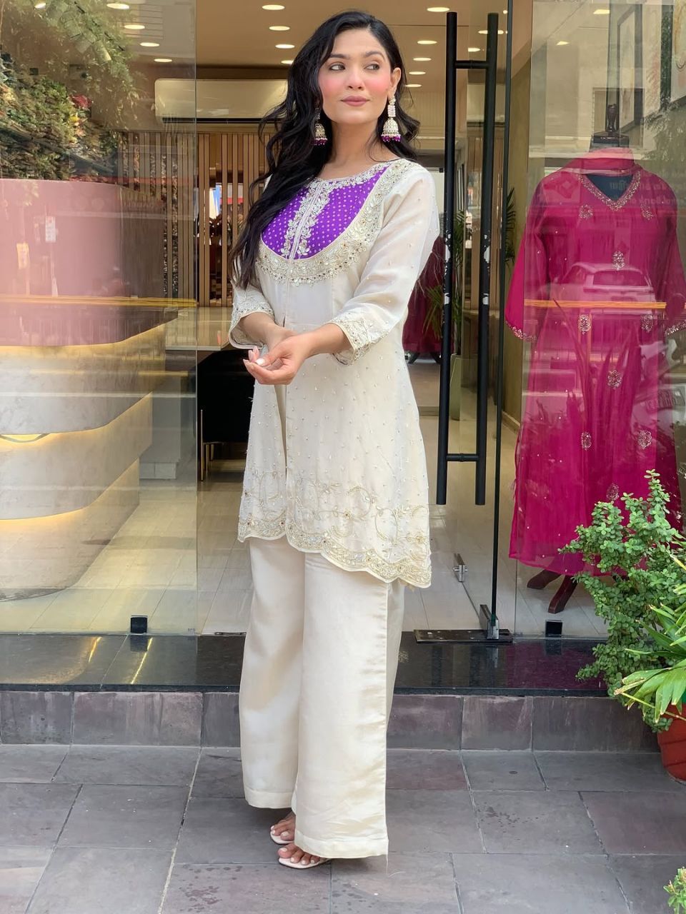 Cream Party Wear Pearl Embroidery Work Readymade Plazzo Suit