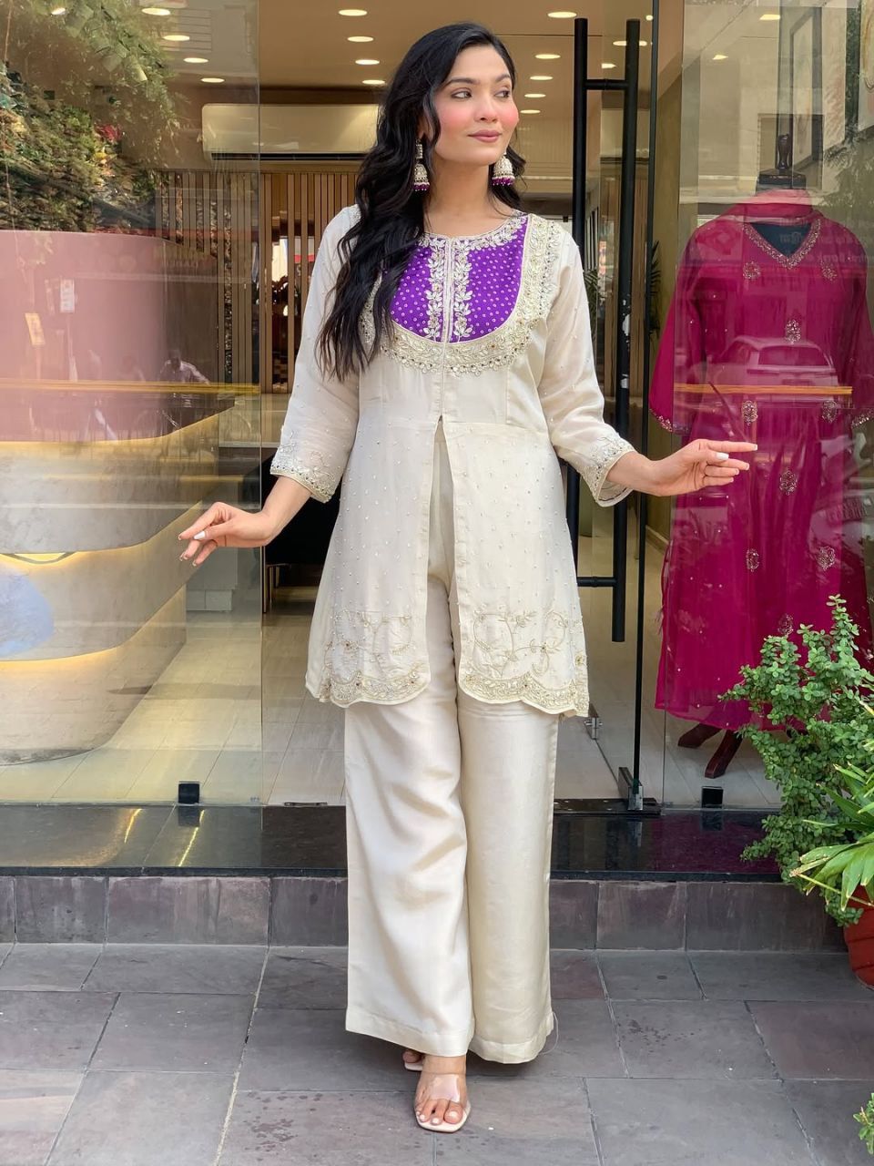 Cream Party Wear Pearl Embroidery Work Readymade Plazzo Suit