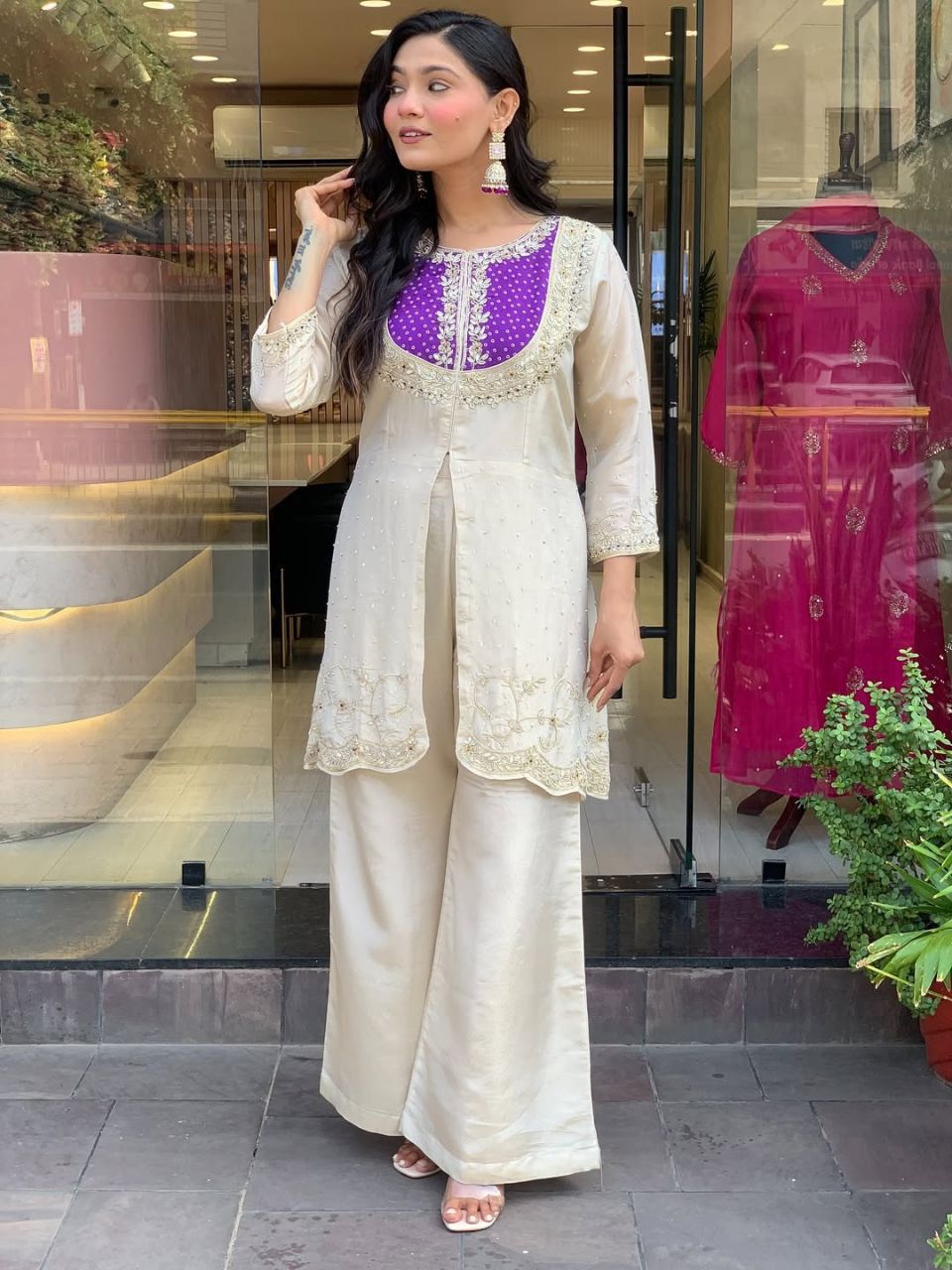Cream Party Wear Pearl Embroidery Work Readymade Plazzo Suit