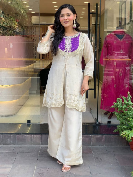Cream Party Wear Pearl Embroidery Work Readymade Plazzo Suit