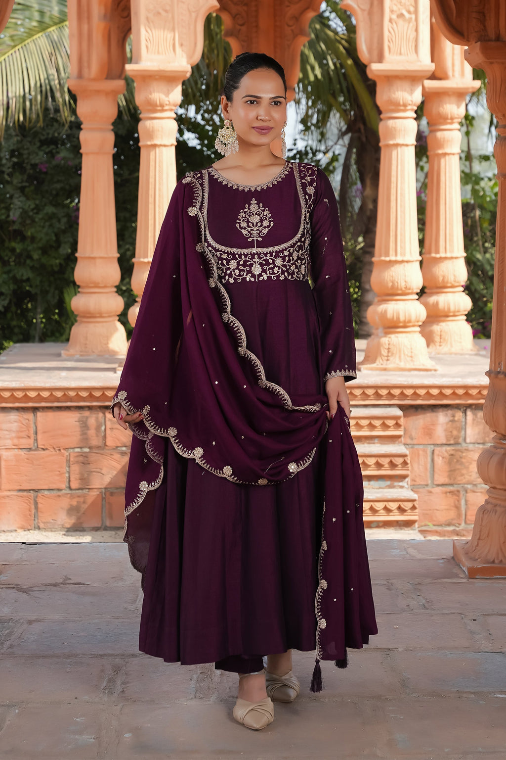 Wine Vichitra Silk Embroidery Kurta Set