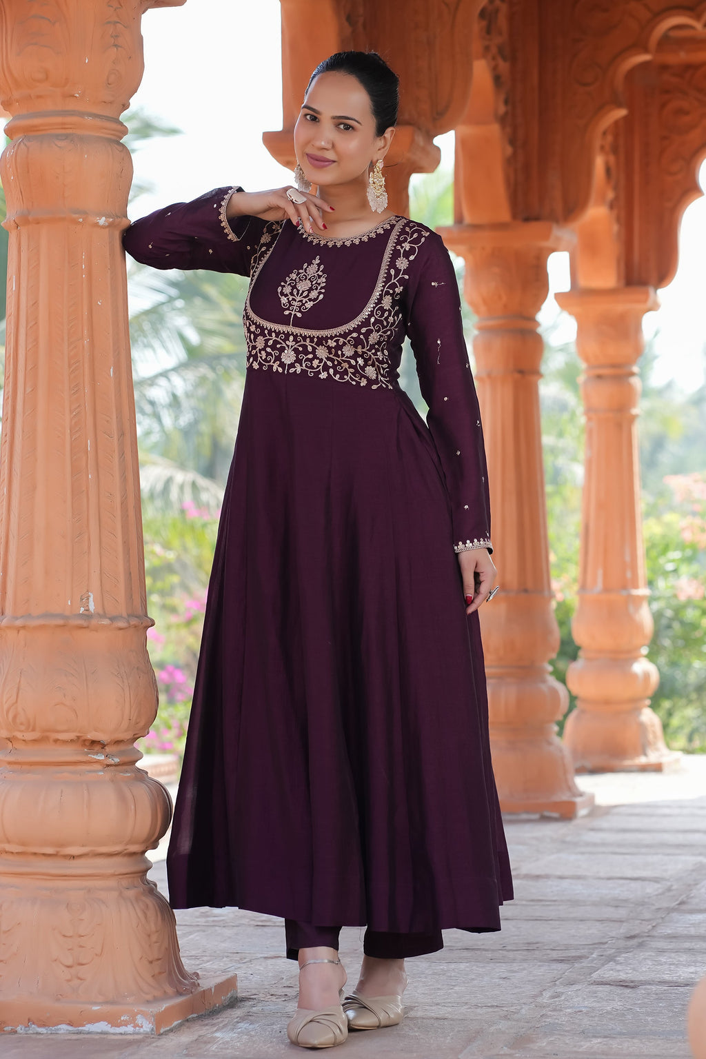 Wine Vichitra Silk Embroidery Kurta Set