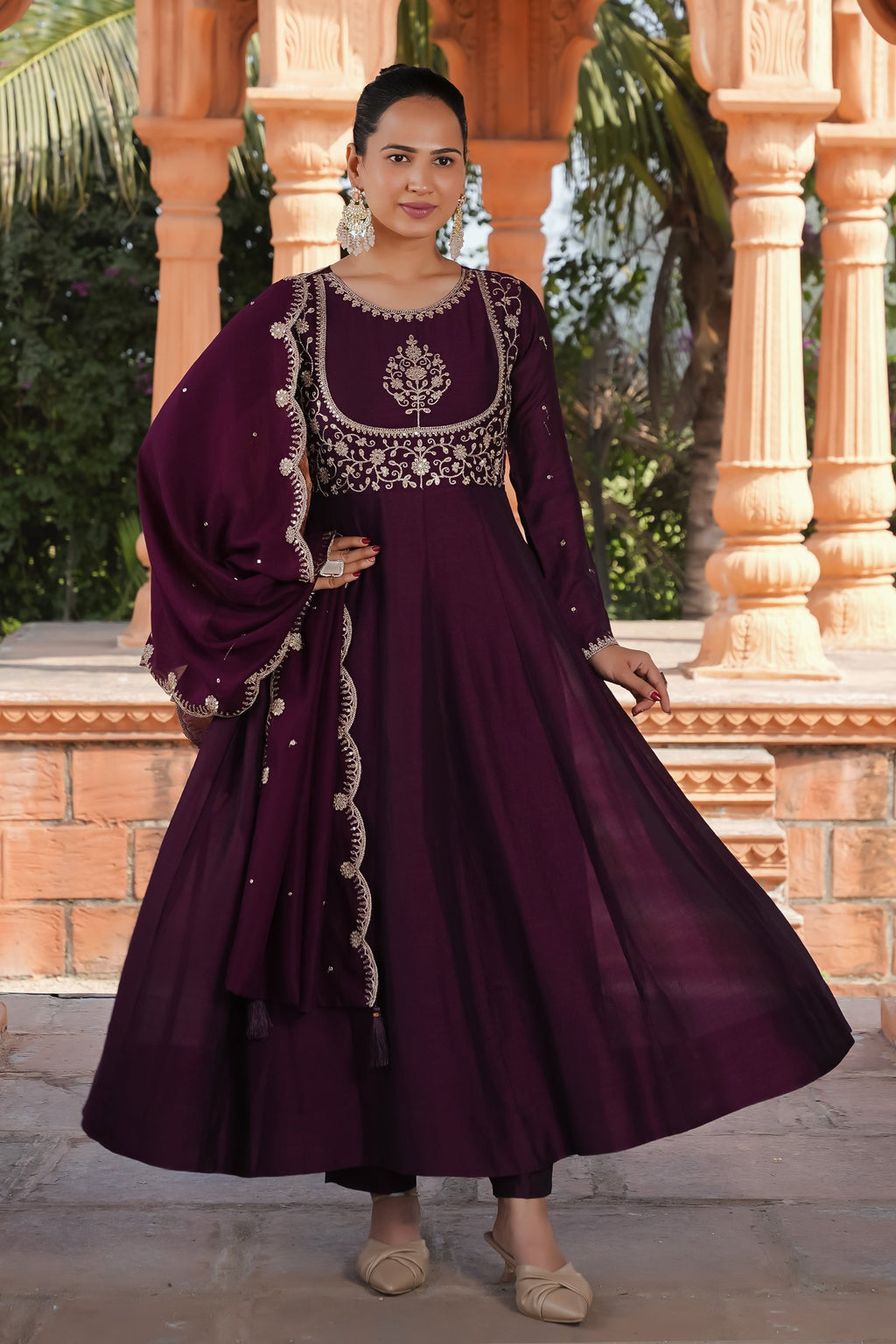 Wine Vichitra Silk Embroidery Kurta Set
