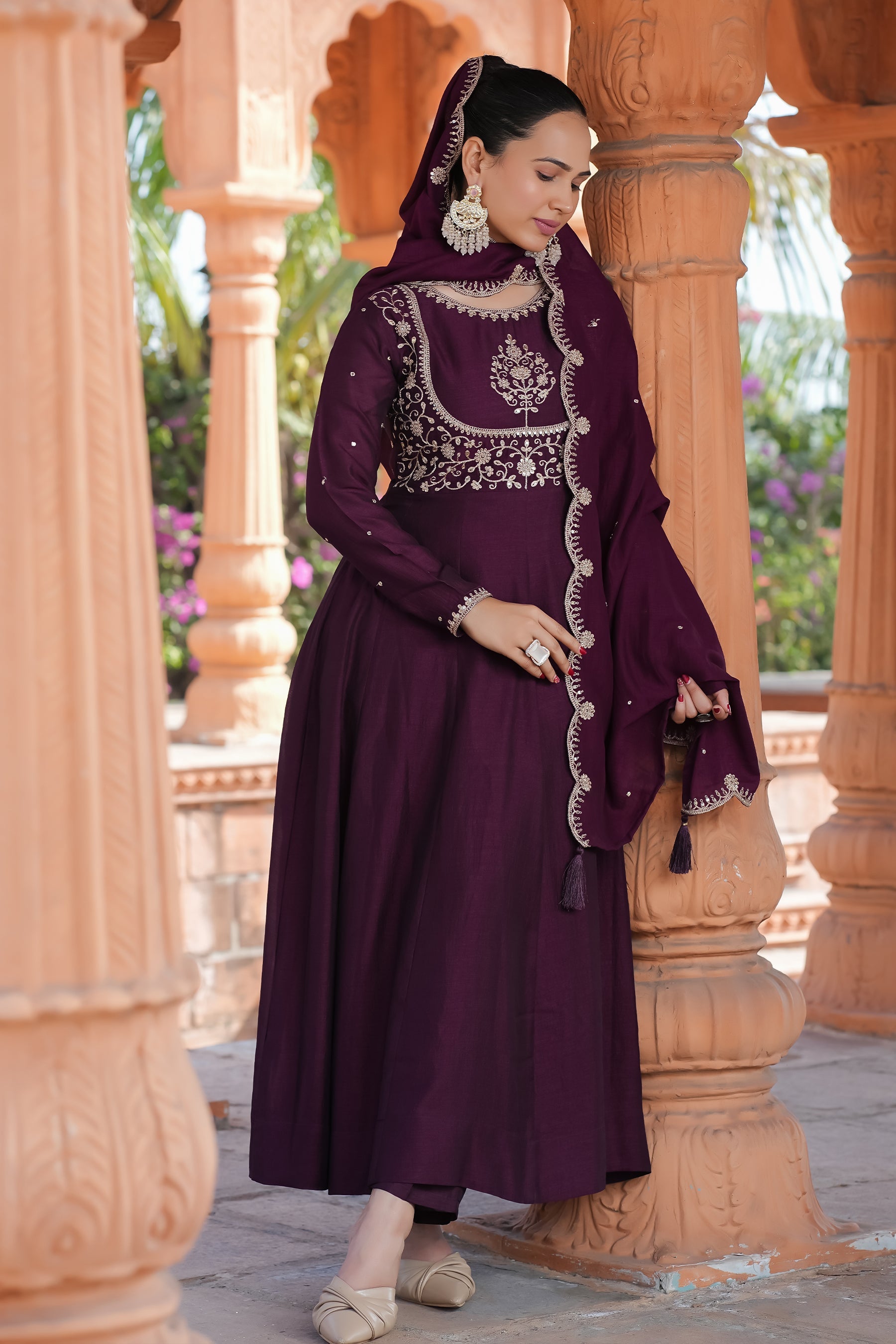 Wine Vichitra Silk Embroidery Kurta Set