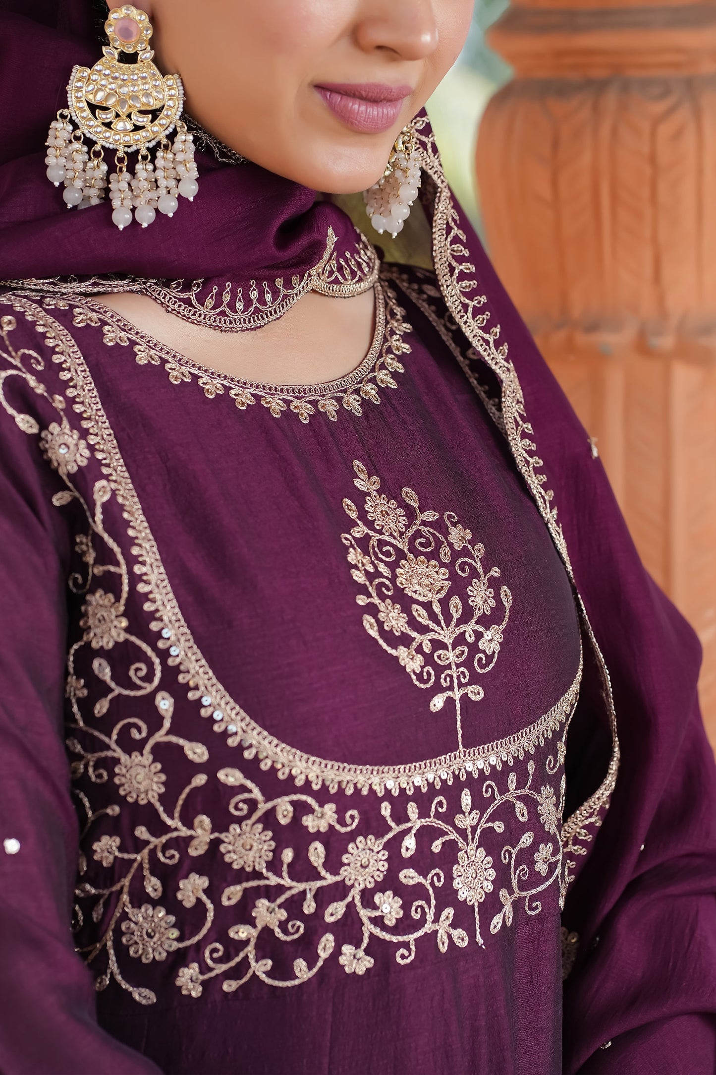 Wine Vichitra Silk Embroidery Kurta Set