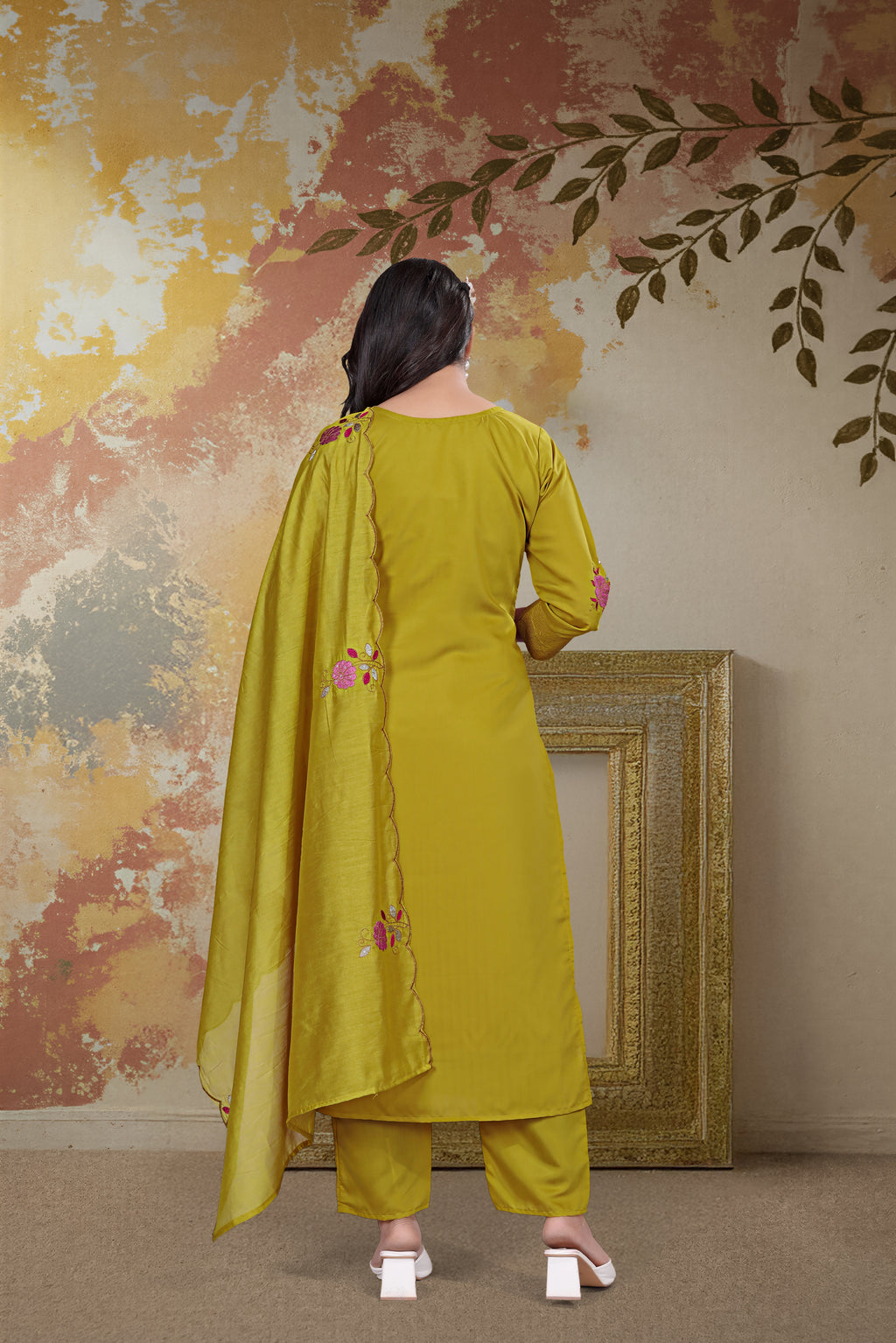 Yellow Color Elegant Chanderi Silk Embroidered Kurti Pant with Dupatta Set