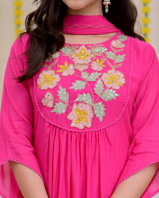 Pink A Line Mul Chanderi Handwork Festive Suit