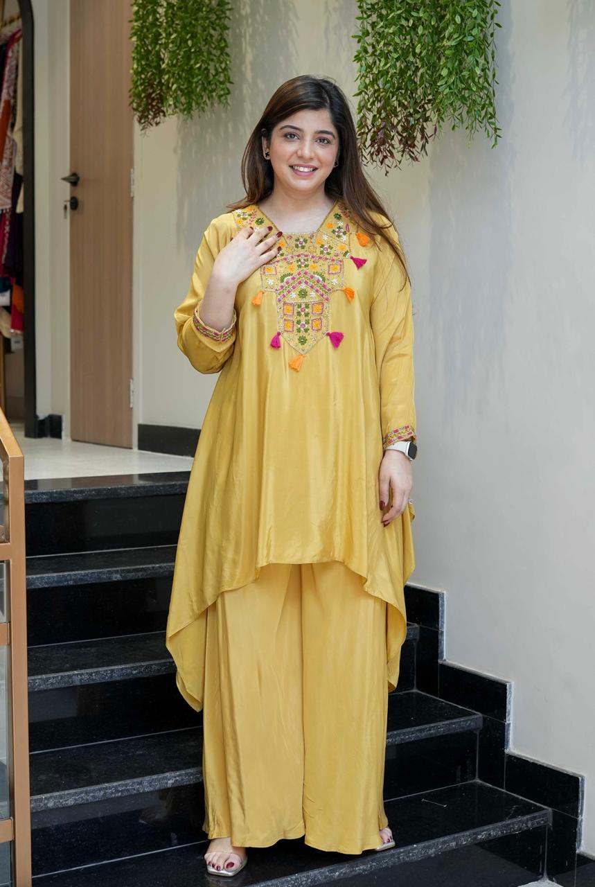 Yellow Color Designer French Crepe Embroidered Top With Bottom Collection