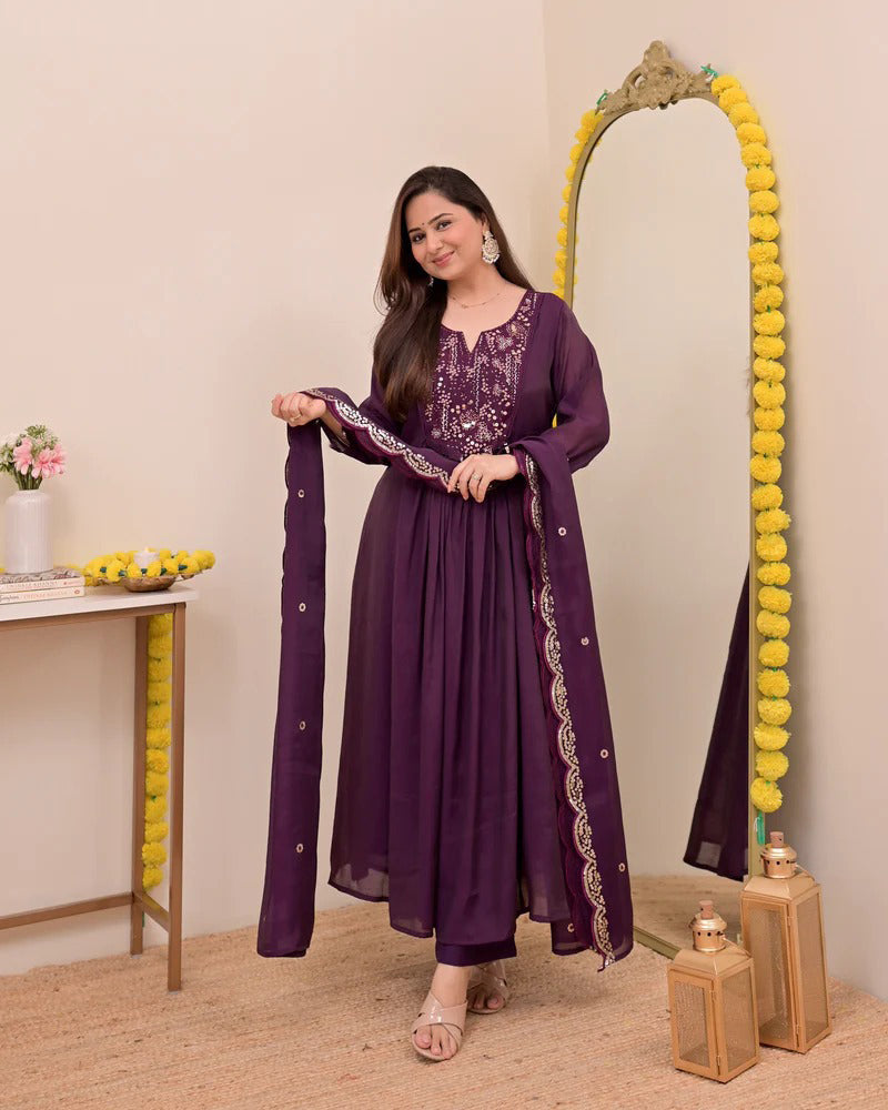 Persian Wine Noor Handwork Mul Chanderi A Line Suit
