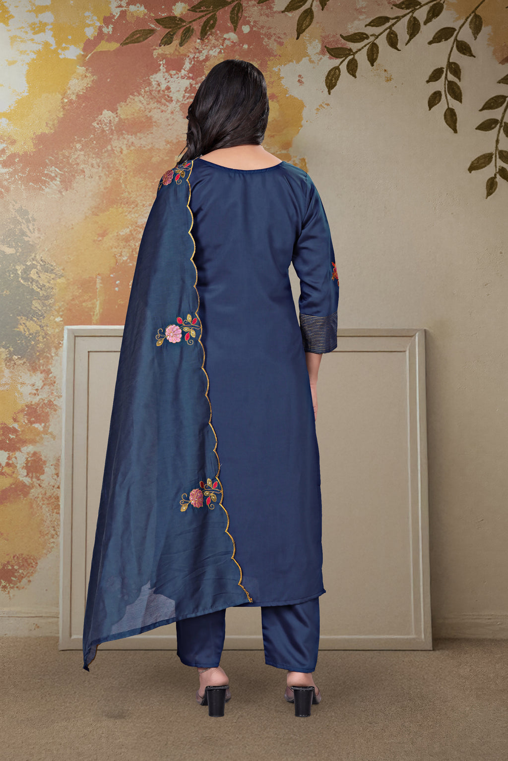 Blue Color Elegant Chanderi Silk Embroidered Kurti Pant with Dupatta Set