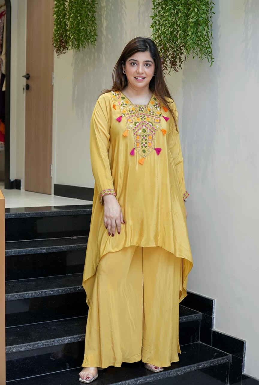 Yellow Color Designer French Crepe Embroidered Top With Bottom Collection