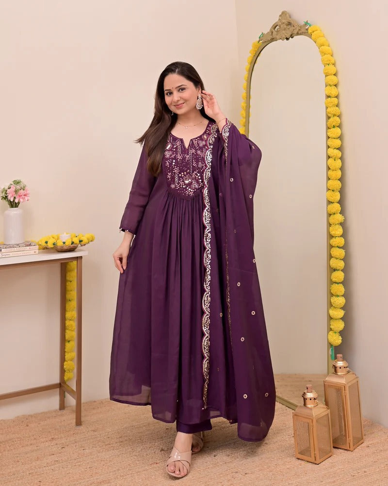 Persian Wine Noor Handwork Mul Chanderi A Line Suit