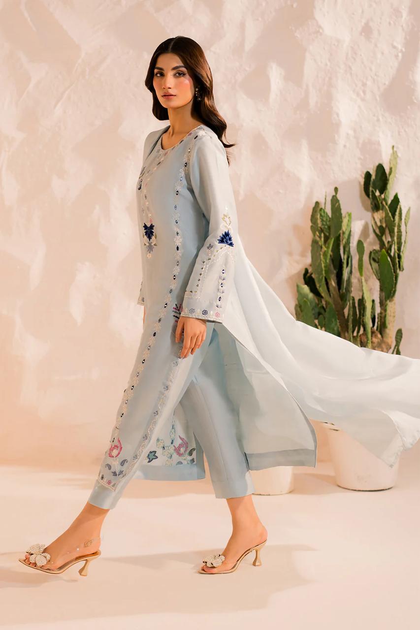 Light Blue Chanderi Silk Readymade Salwar Suit with Embroidered Work