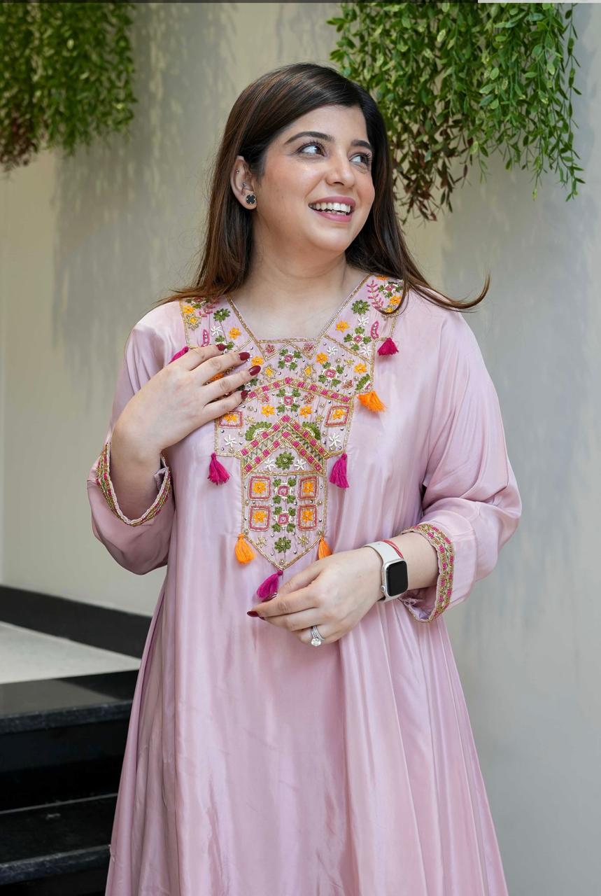 Pink Color Designer French Crepe Embroidered Top With Bottom Collection