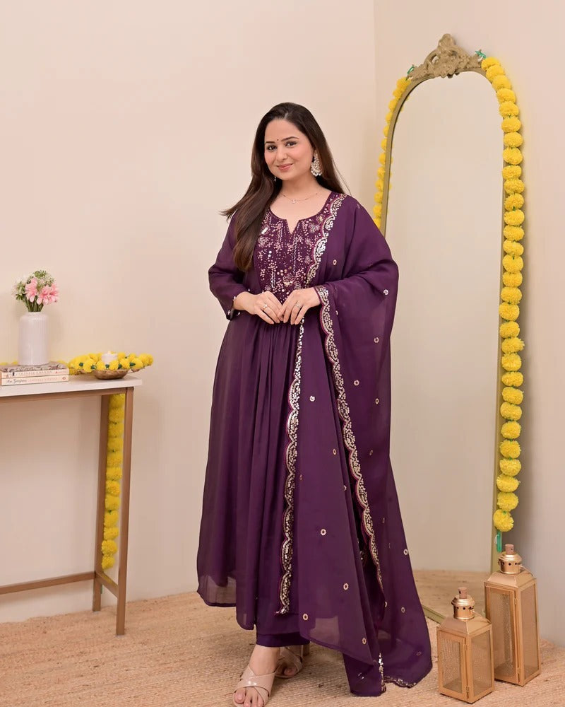 Persian Wine Noor Handwork Mul Chanderi A Line Suit