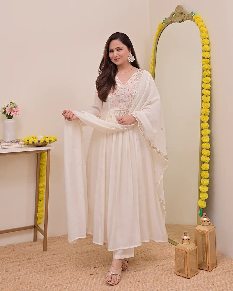 Persian White Noor Handwork Mul Chanderi A Line Suit