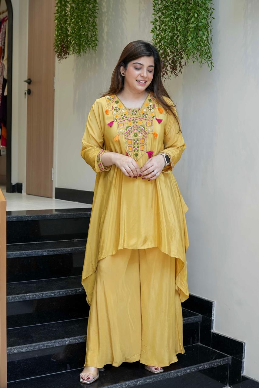 Yellow Color Designer French Crepe Embroidered Top With Bottom Collection
