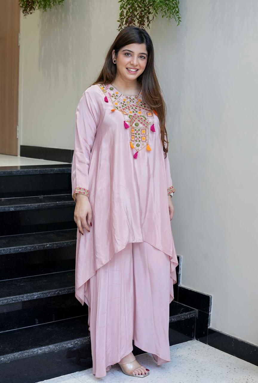 Pink Color Designer French Crepe Embroidered Top With Bottom Collection