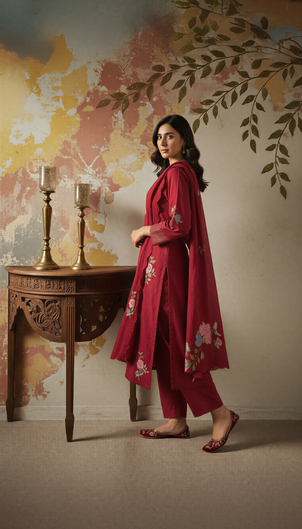 Red Color Elegant Chanderi Silk Embroidered Kurti Pant with Dupatta Set