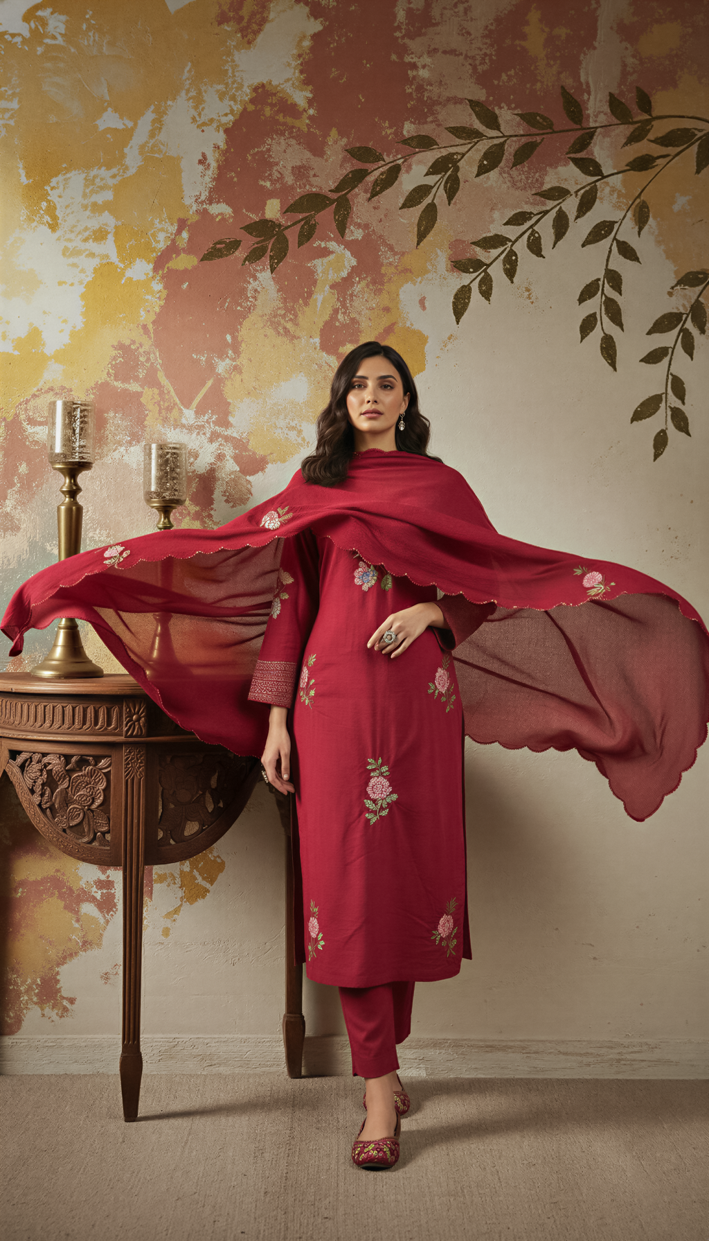 Red Color Elegant Chanderi Silk Embroidered Kurti Pant with Dupatta Set