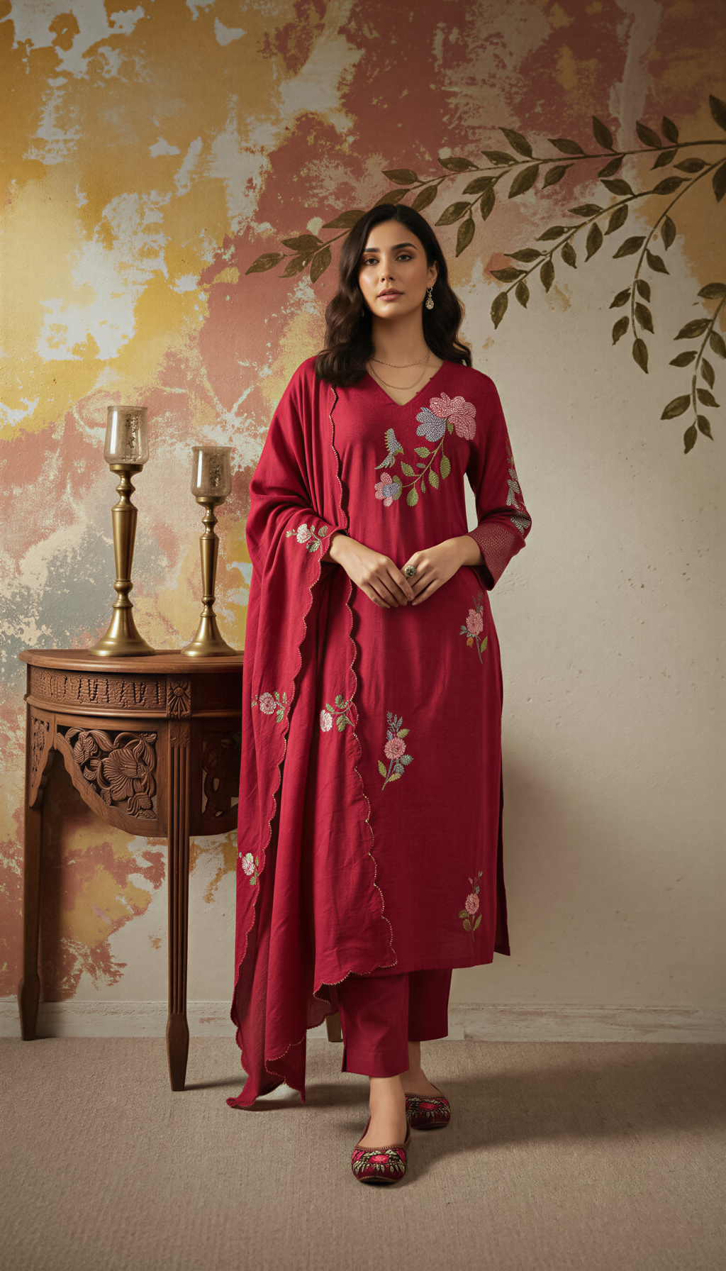 Red Color Elegant Chanderi Silk Embroidered Kurti Pant with Dupatta Set
