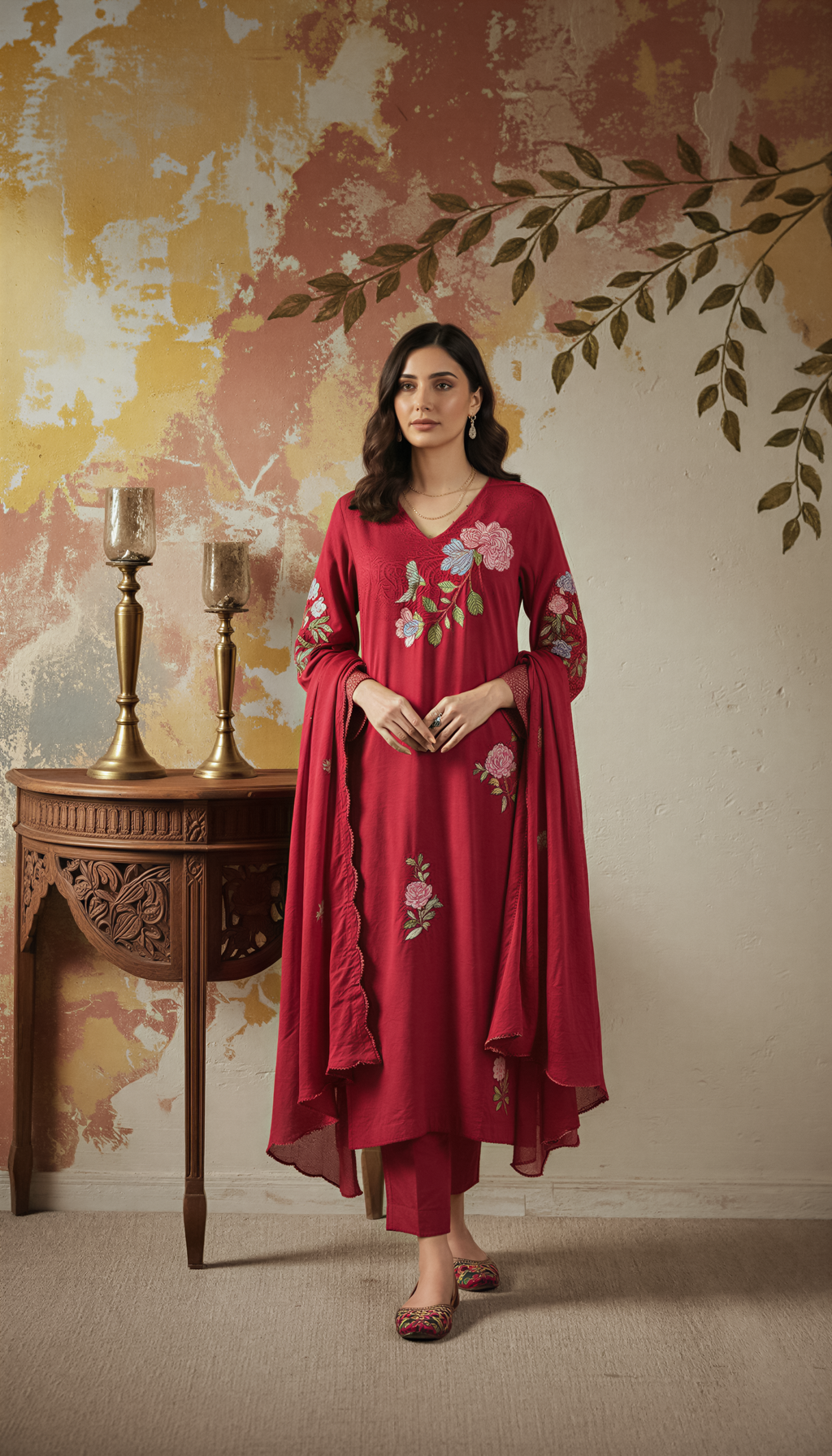 Red Color Elegant Chanderi Silk Embroidered Kurti Pant with Dupatta Set