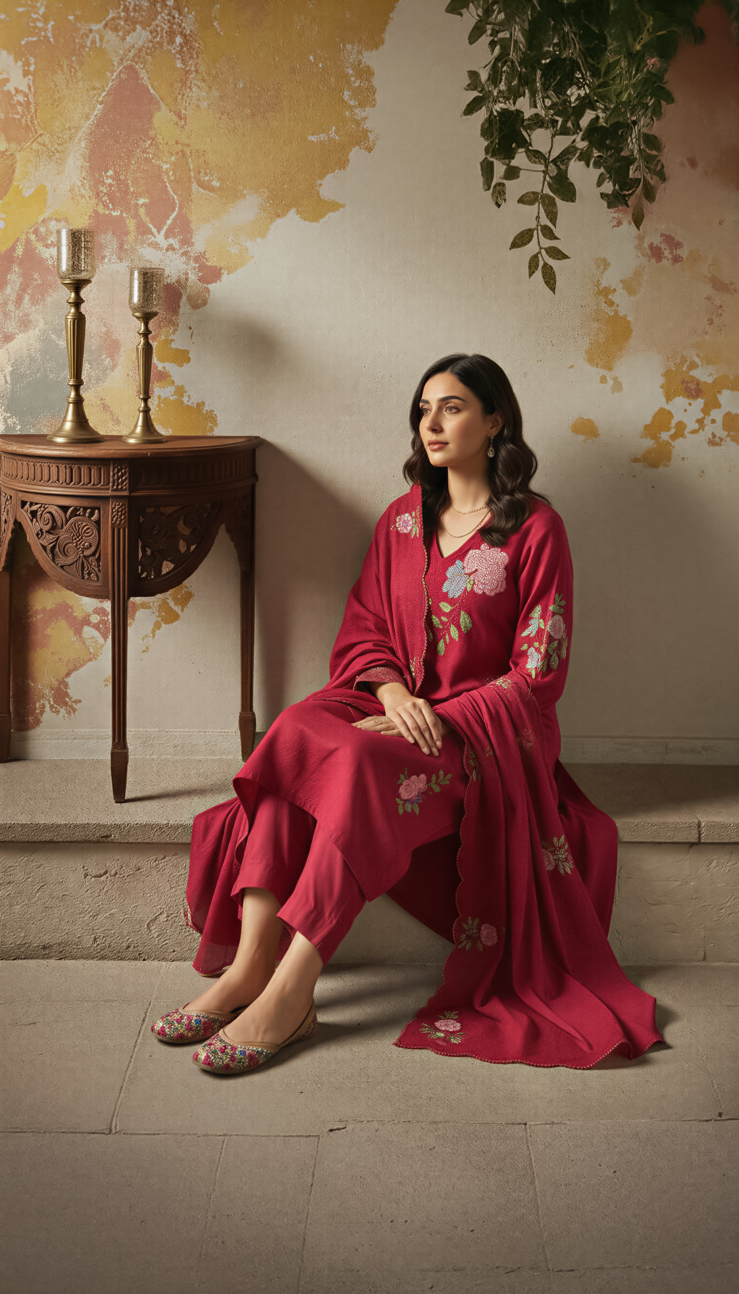 Red Color Elegant Chanderi Silk Embroidered Kurti Pant with Dupatta Set