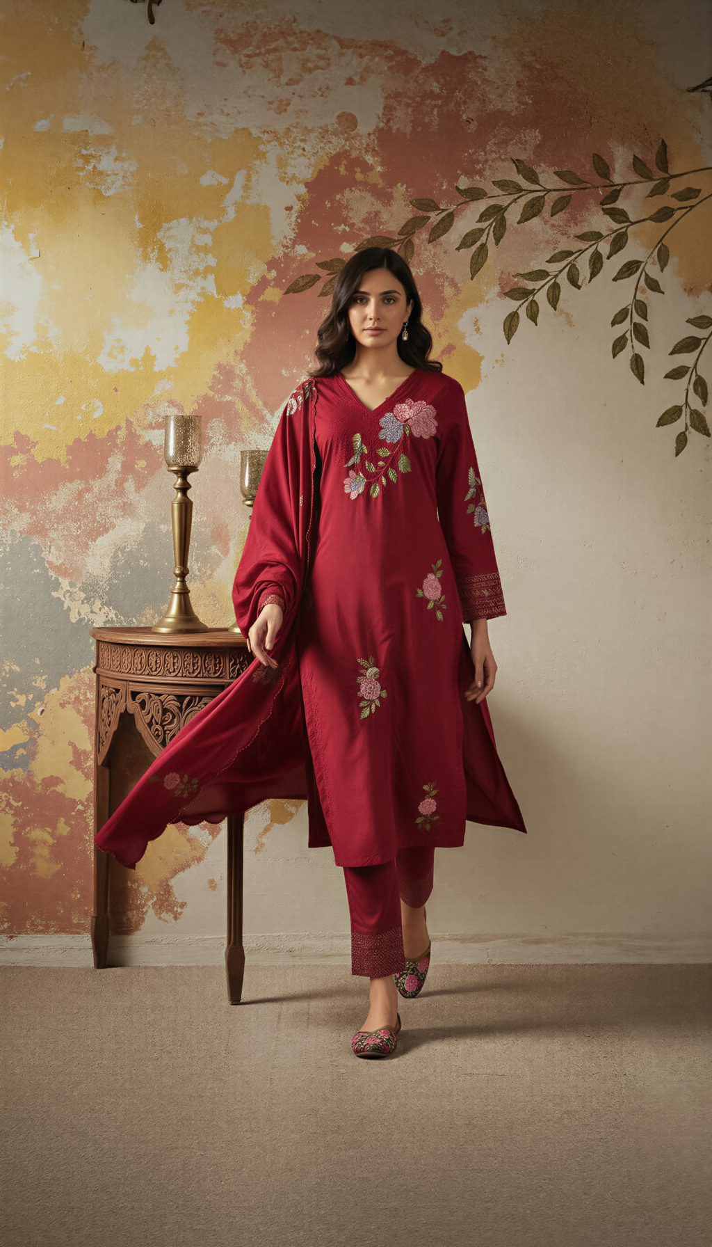 Red Color Elegant Chanderi Silk Embroidered Kurti Pant with Dupatta Set
