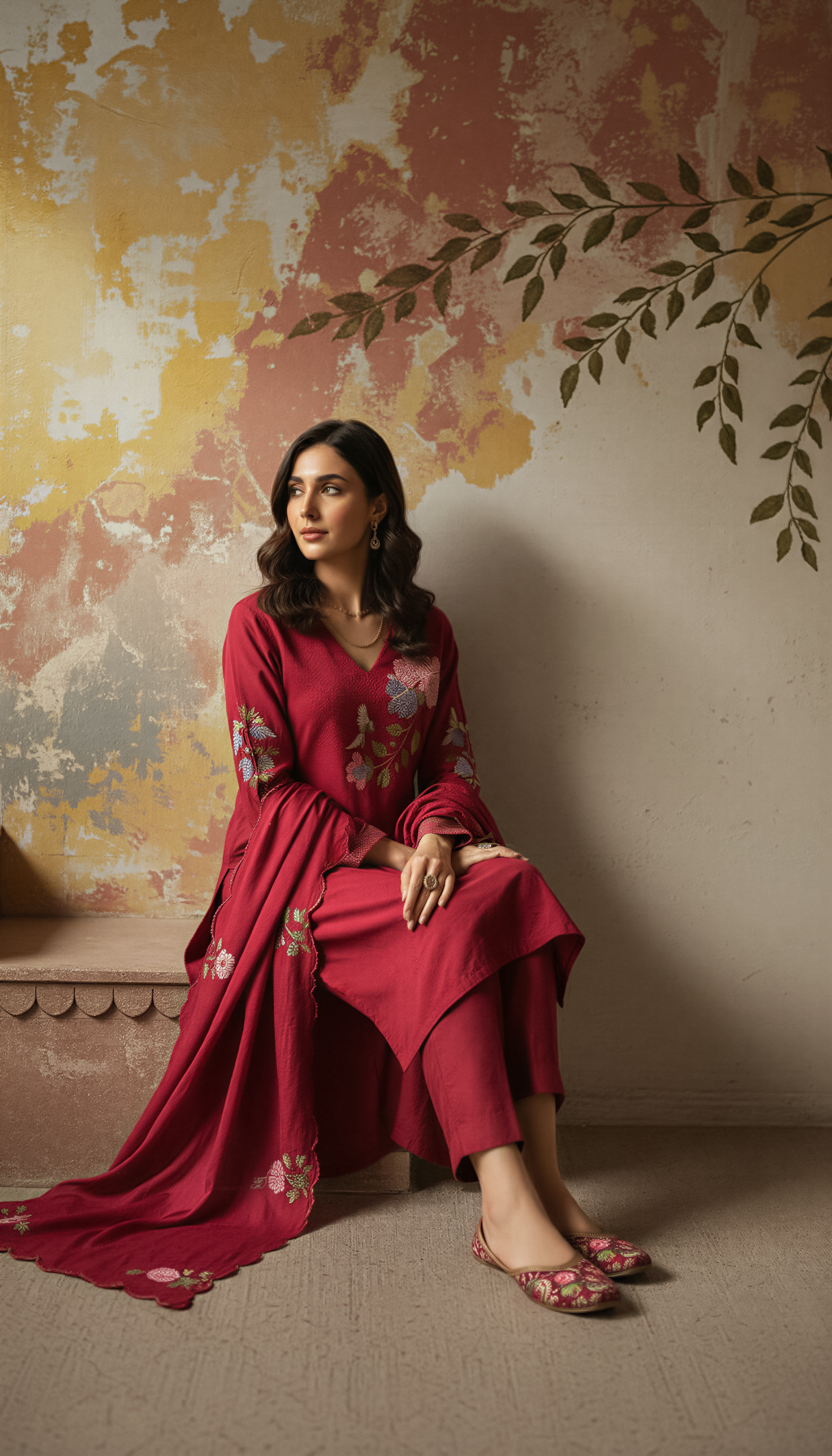 Red Color Elegant Chanderi Silk Embroidered Kurti Pant with Dupatta Set